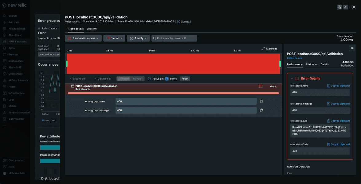 Distributed trace showing errors